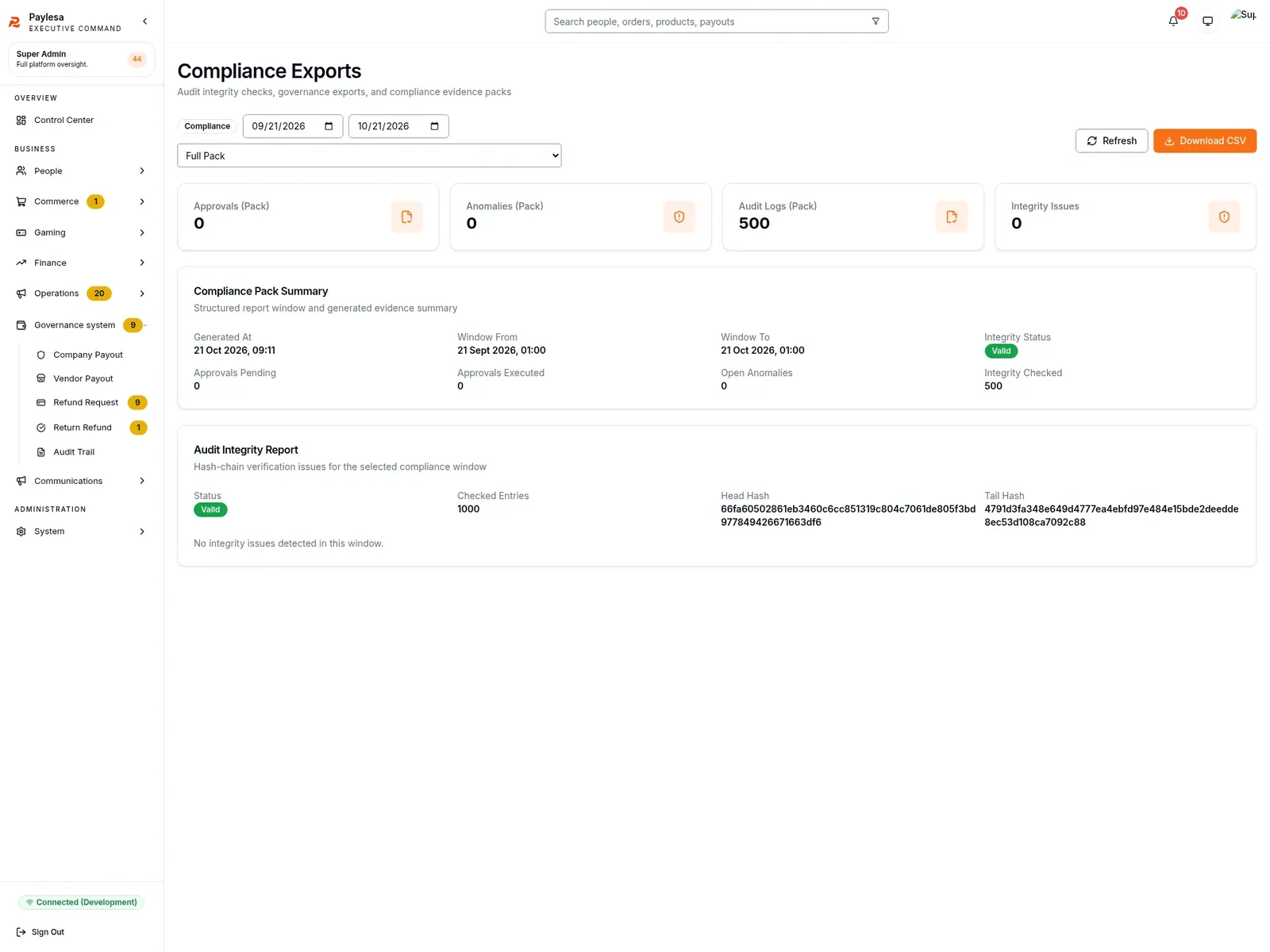 Audit Trail and Compliance Exports screen