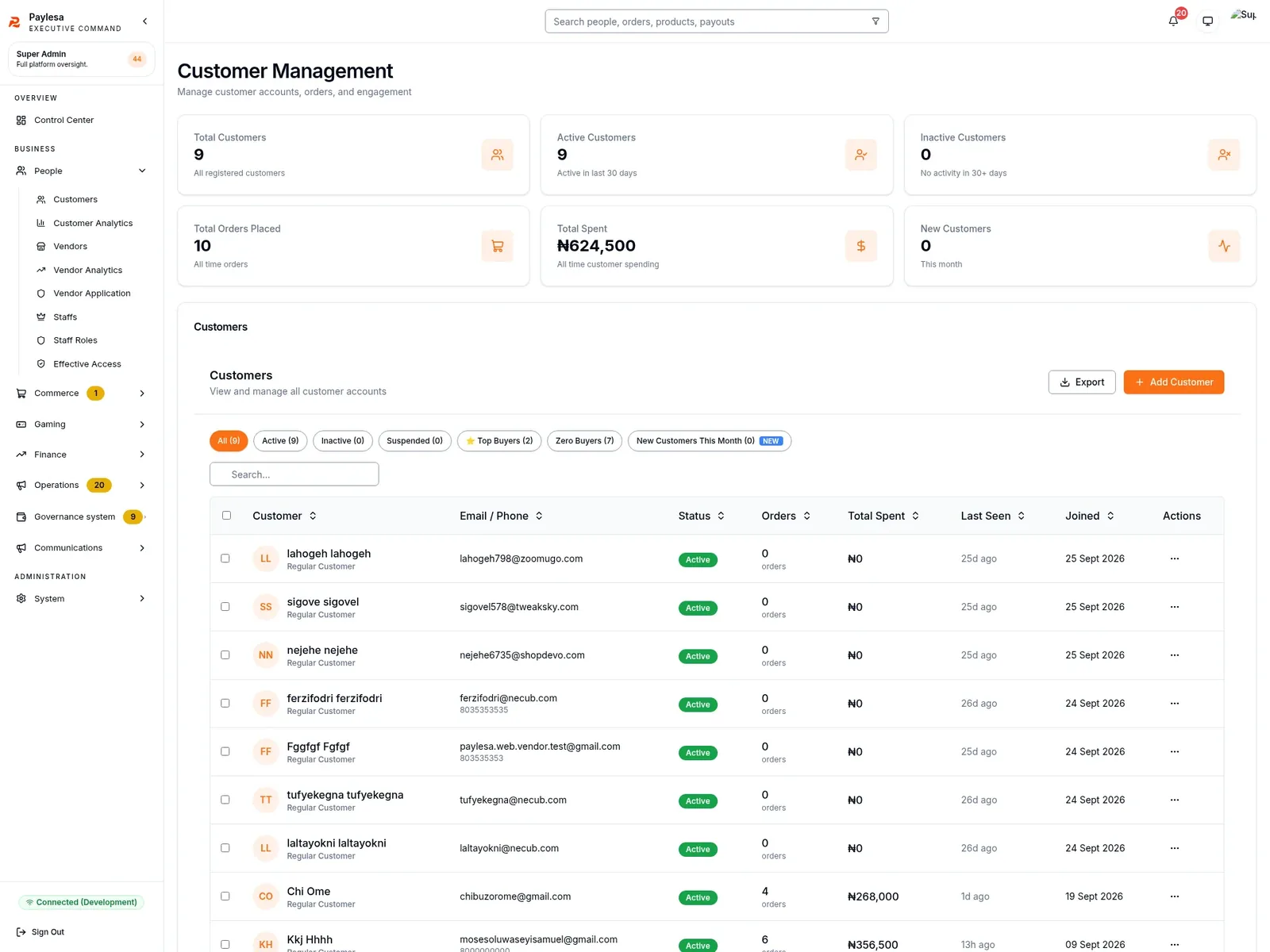 Customer Management screen