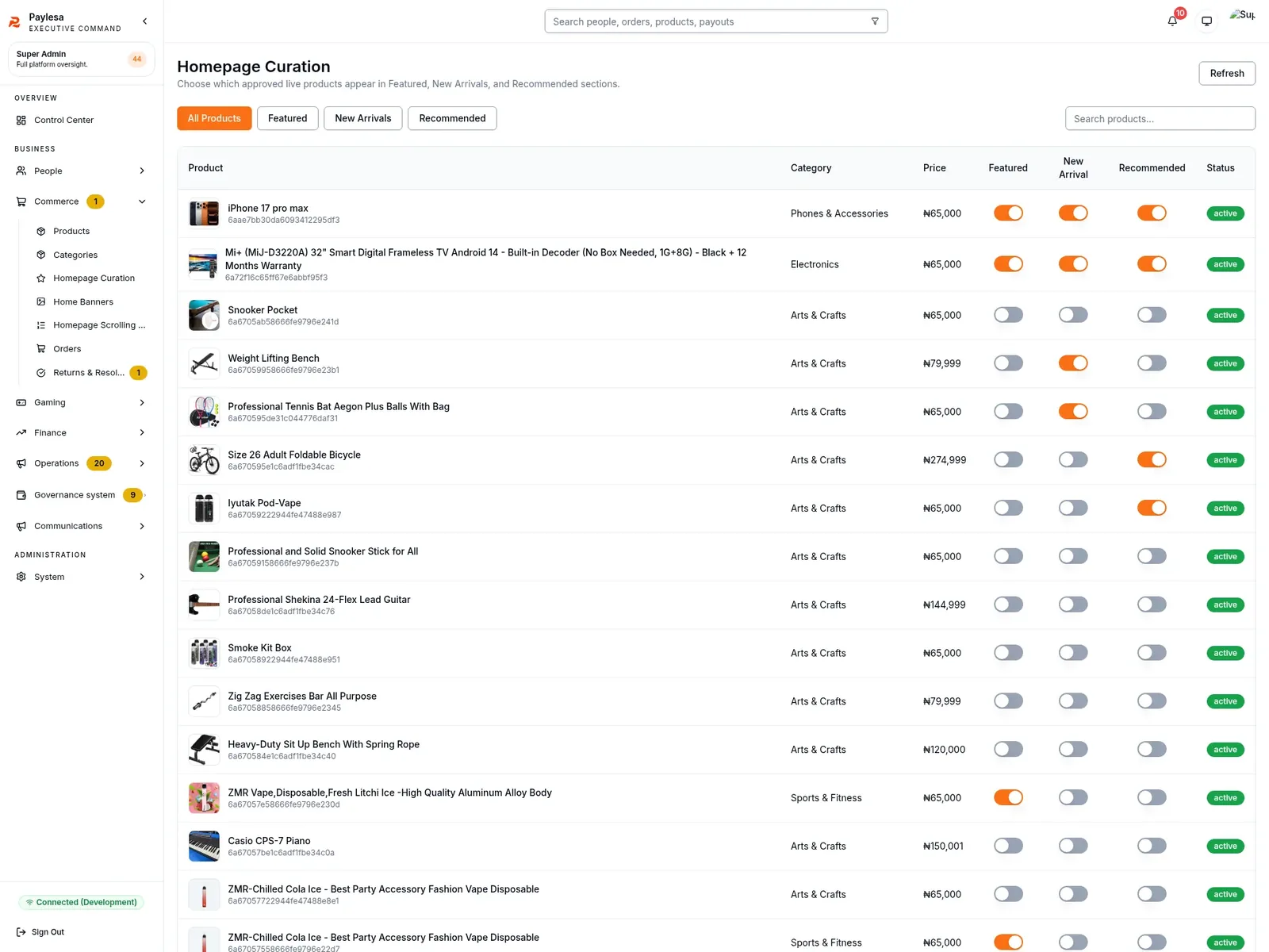 Homepage curation screen