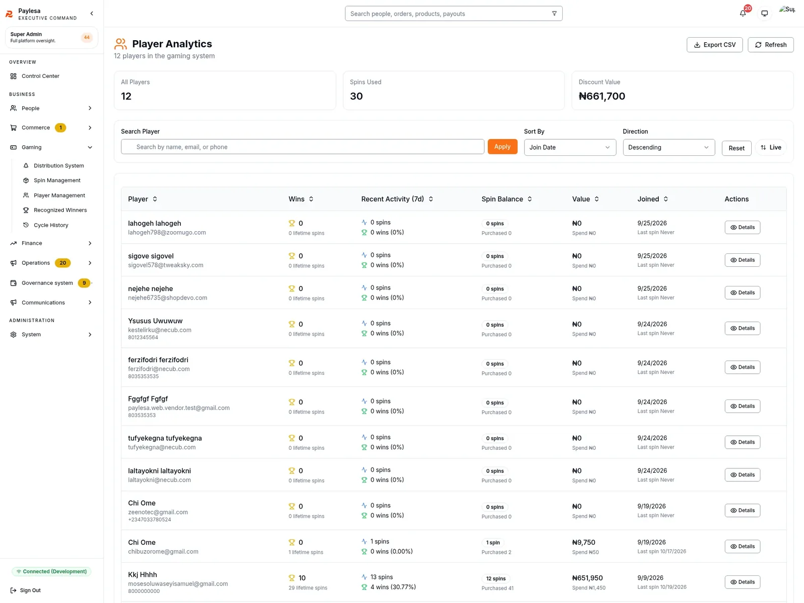 Player Management screen