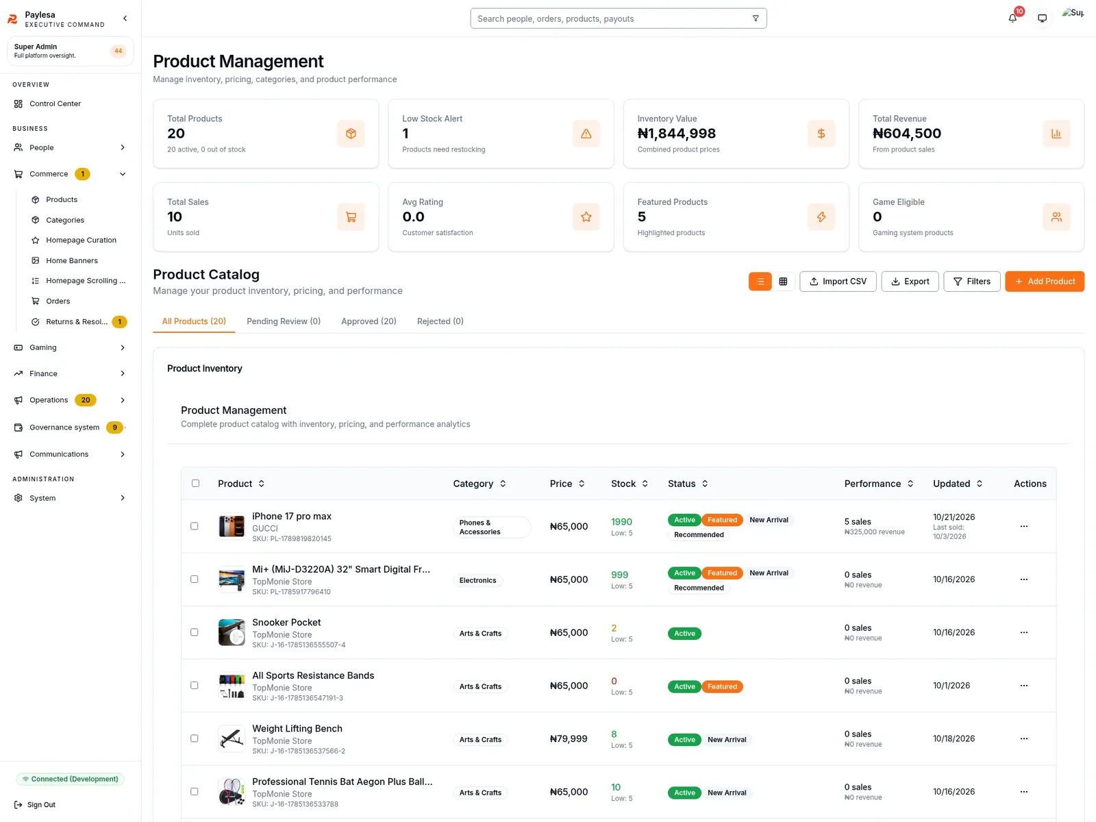 Product Management screen