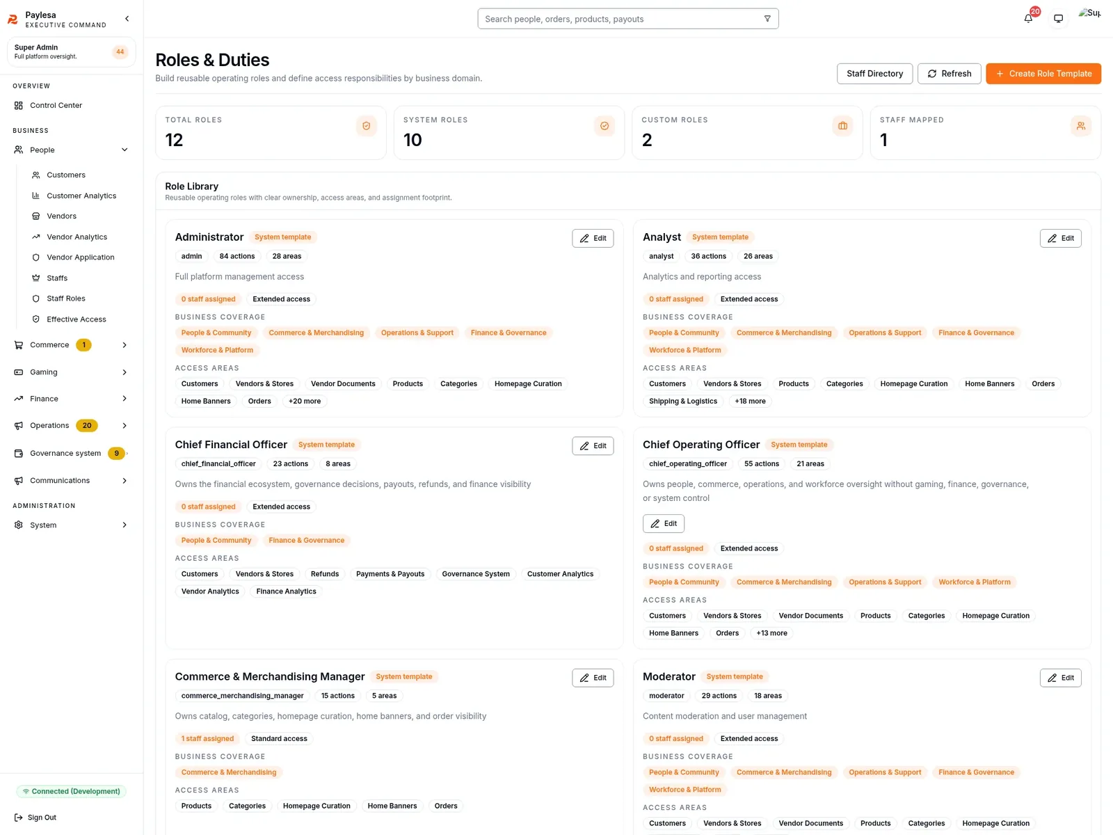 Roles and Duties screen