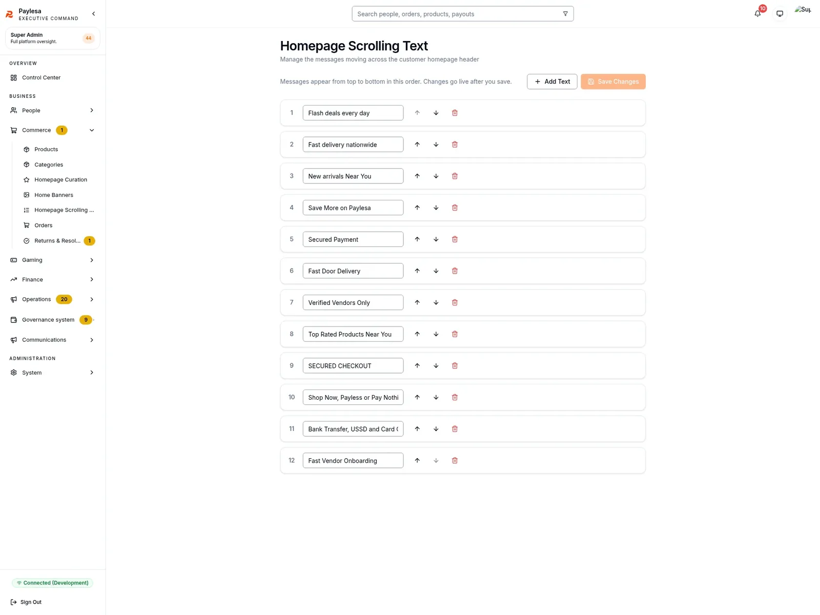 Homepage scrolling text screen