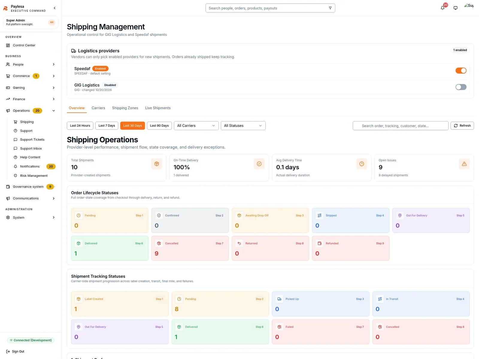 Shipping Management screen