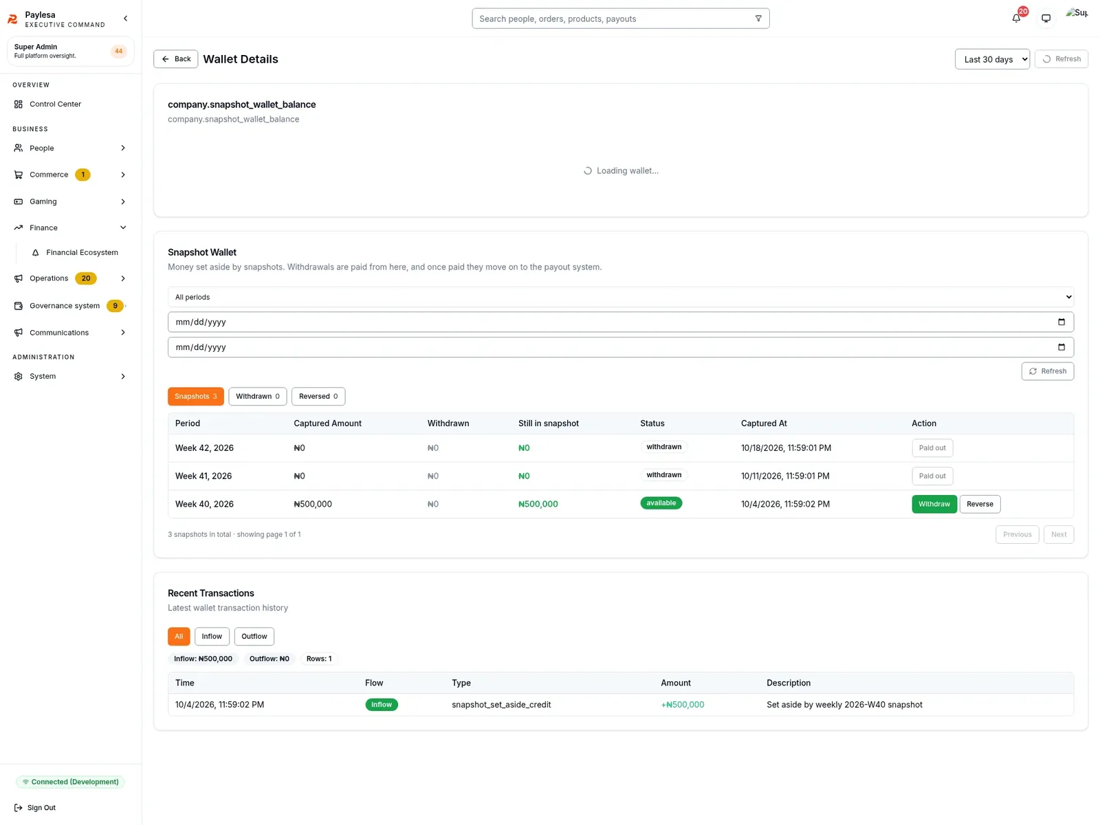 Snapshot Wallet screen