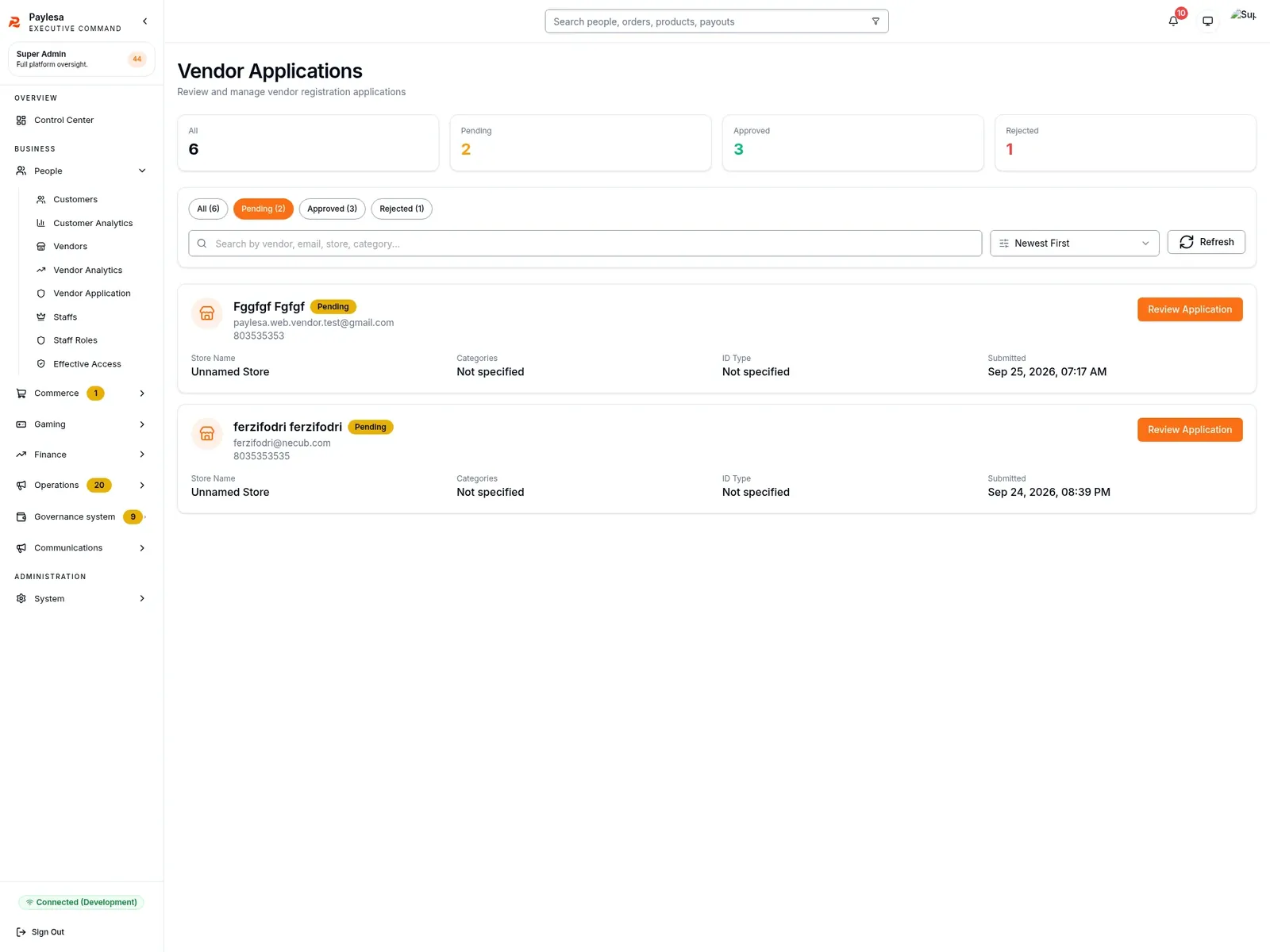 Vendor Applications screen