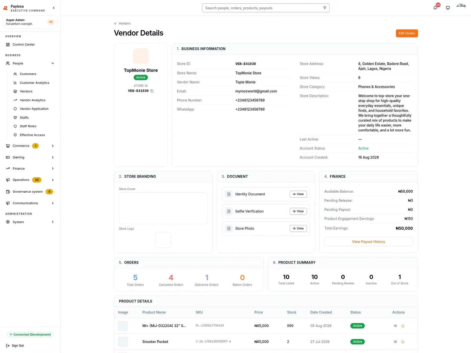 Vendor profile screen