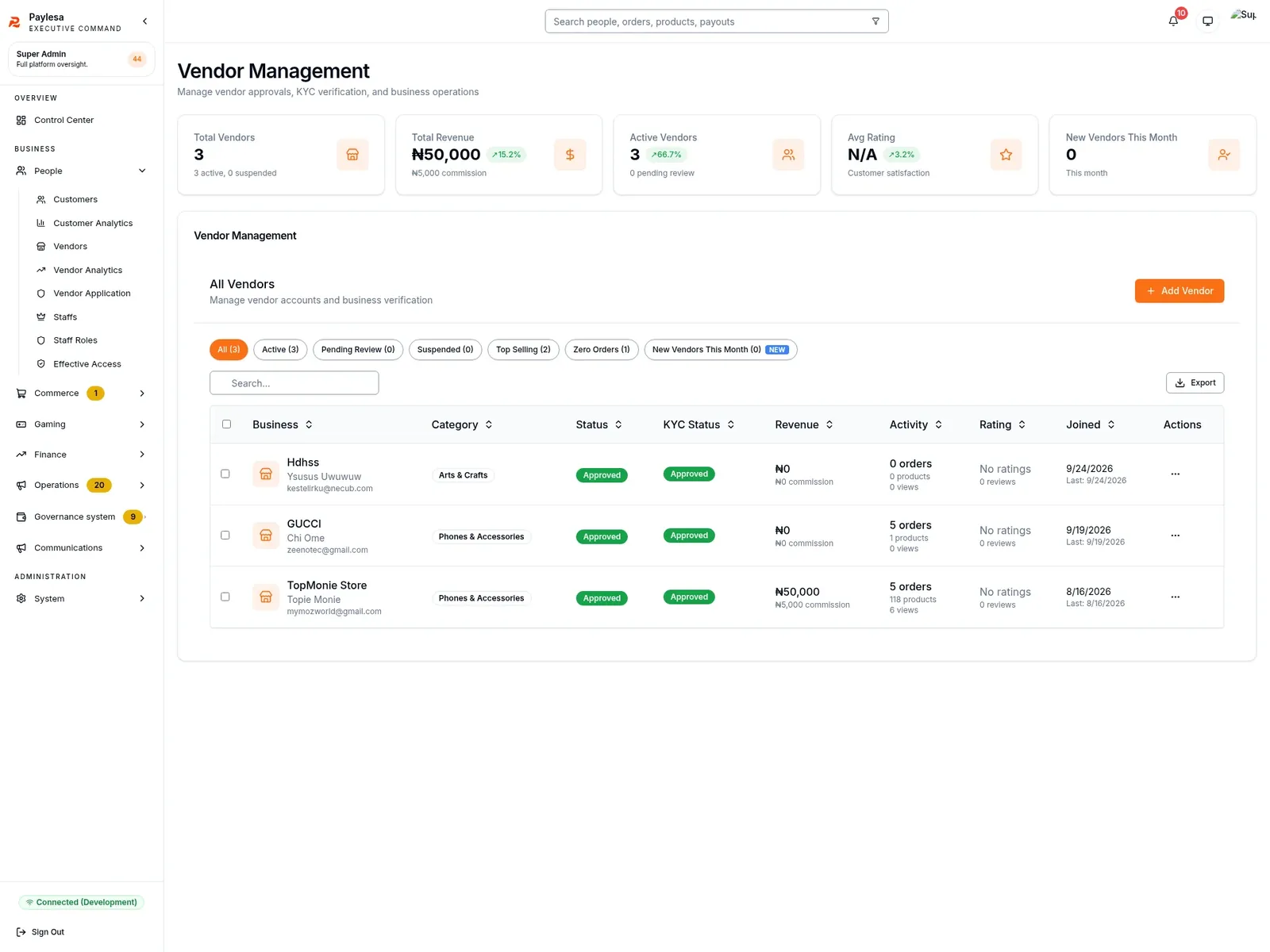 Vendor Management screen