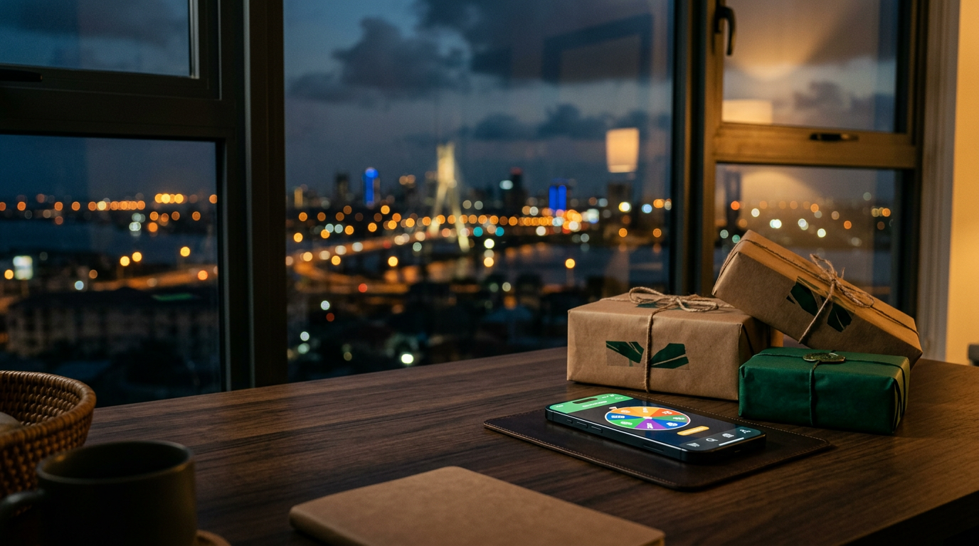 A phone showing the Paylesa discount wheel beside parcels, with the Lagos skyline at dusk
