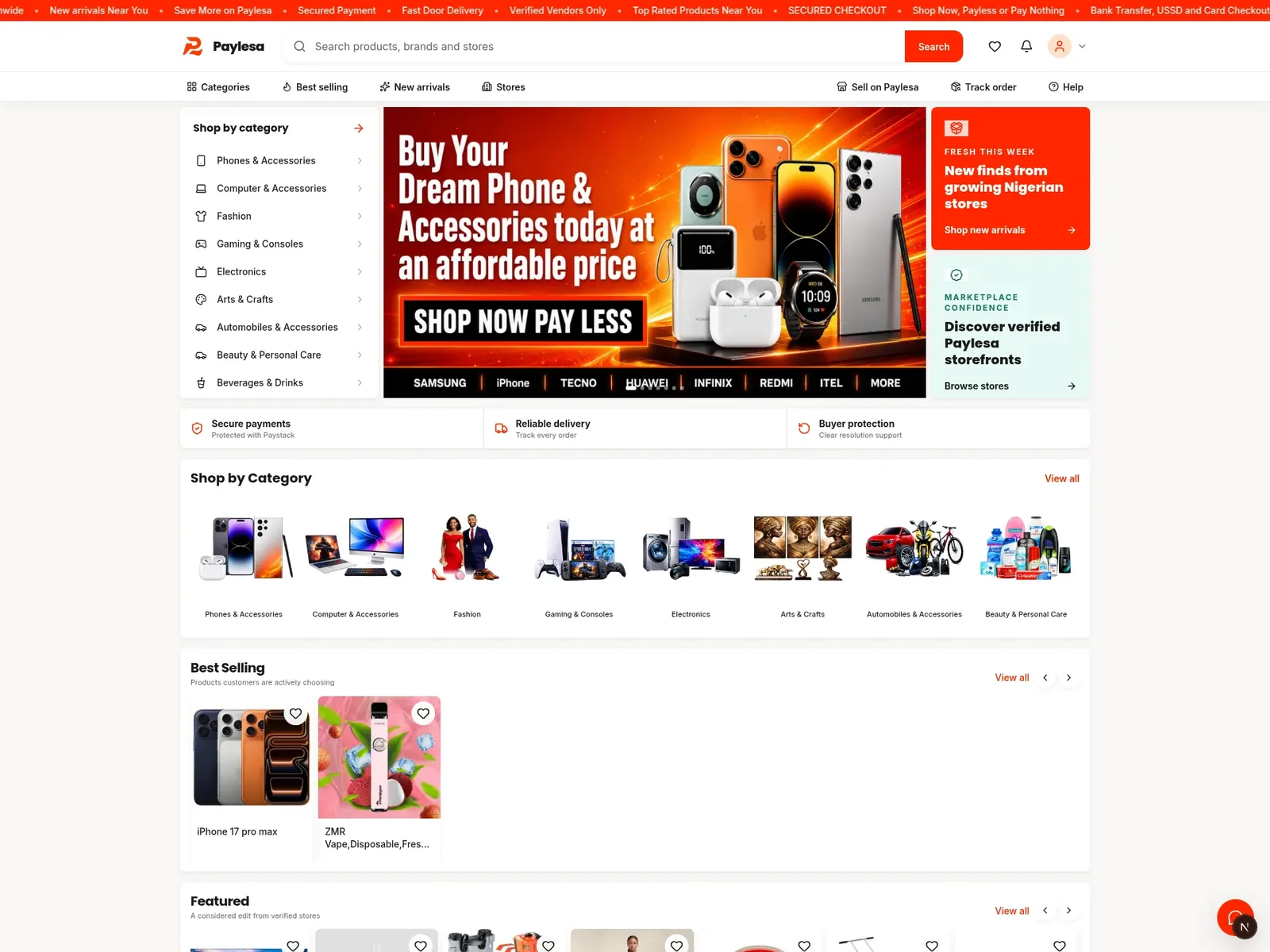 Paylesa storefront home page